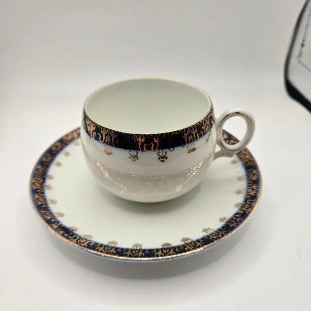 Vintage Porcelain Teacup Saucer Cobalt Blue Gold Trim Made in Germany